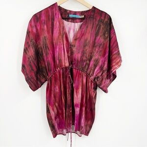 Alice + Olivia Abstract Silk Blend Kimono Sleeve Red Blouse Top Size XS Office